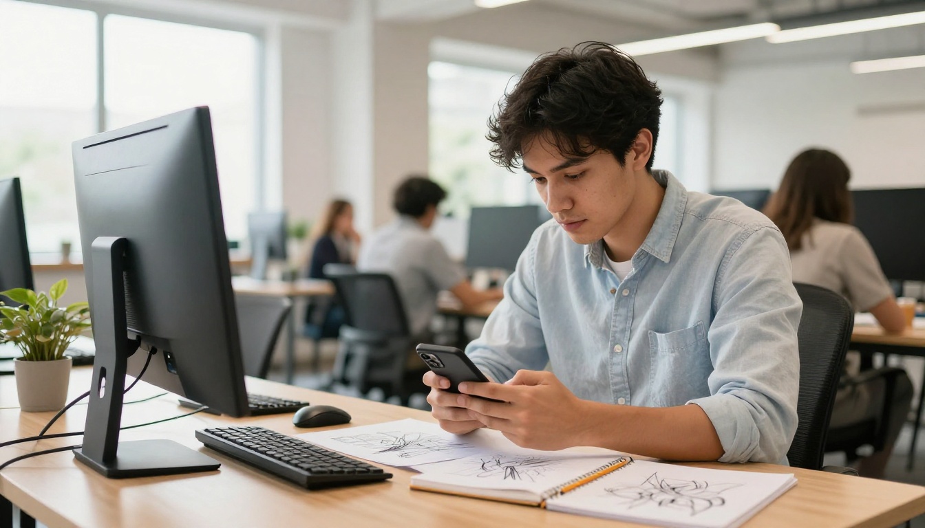 Creative professional at standing desk with phone and notebook Creative professional at standing desk with phone and notebook
