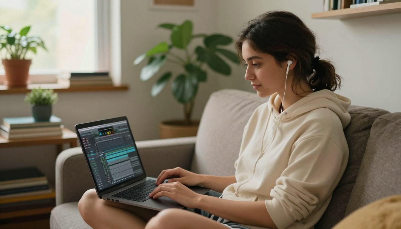 Young woman on couch with laptop and earbuds in cozy home studio