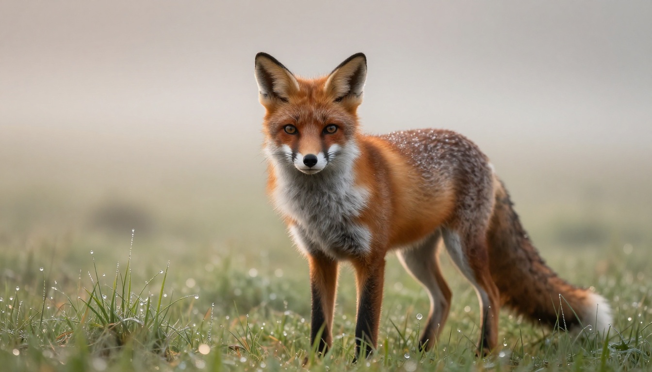 Red fox with individual fur strands perfectly sharp in a misty morning meadow