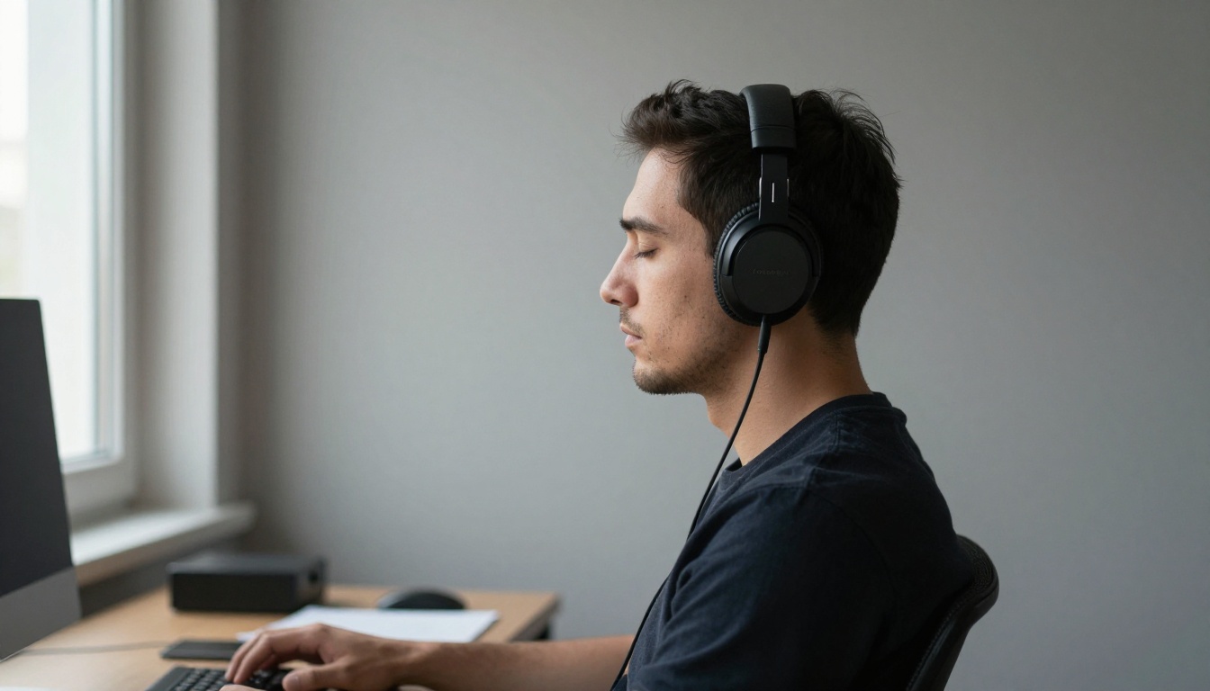 Man with headphones listening intently in quiet home office