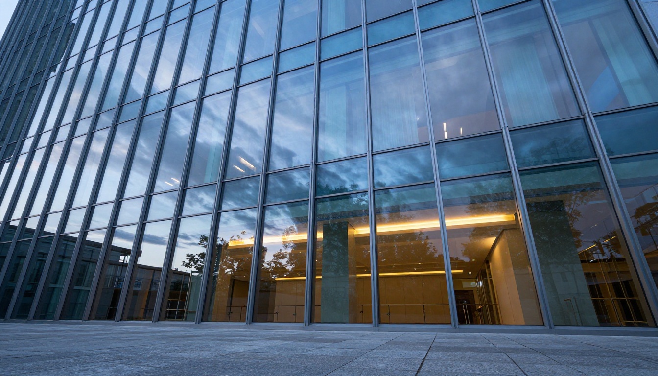 Modern glass-and-steel building facade shot from below with sharp architectural geometry