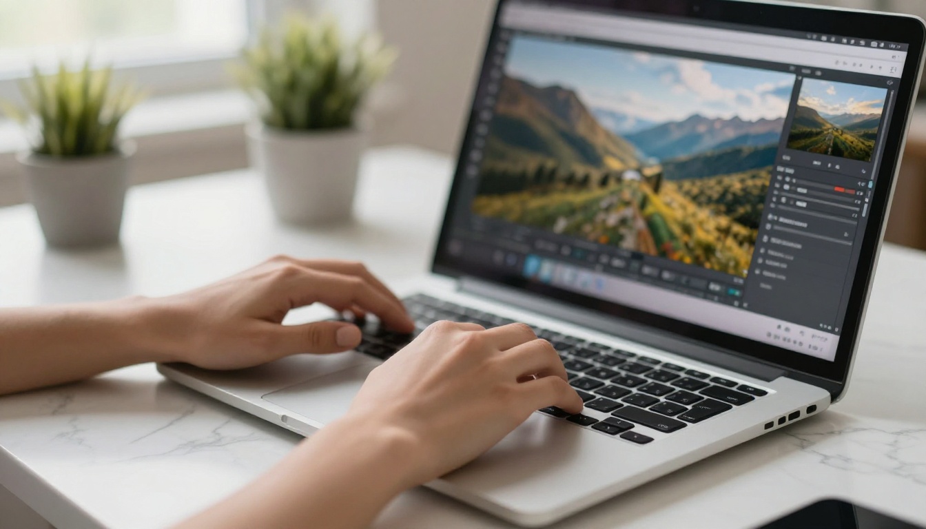 Hands working on a sleek laptop with photo editing interface on screen