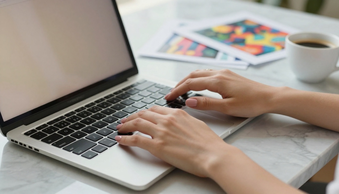 Close-up of a woman's hands rapidly typing on a laptop keyboard on a marble desk surface with AI artwork scattered nearby