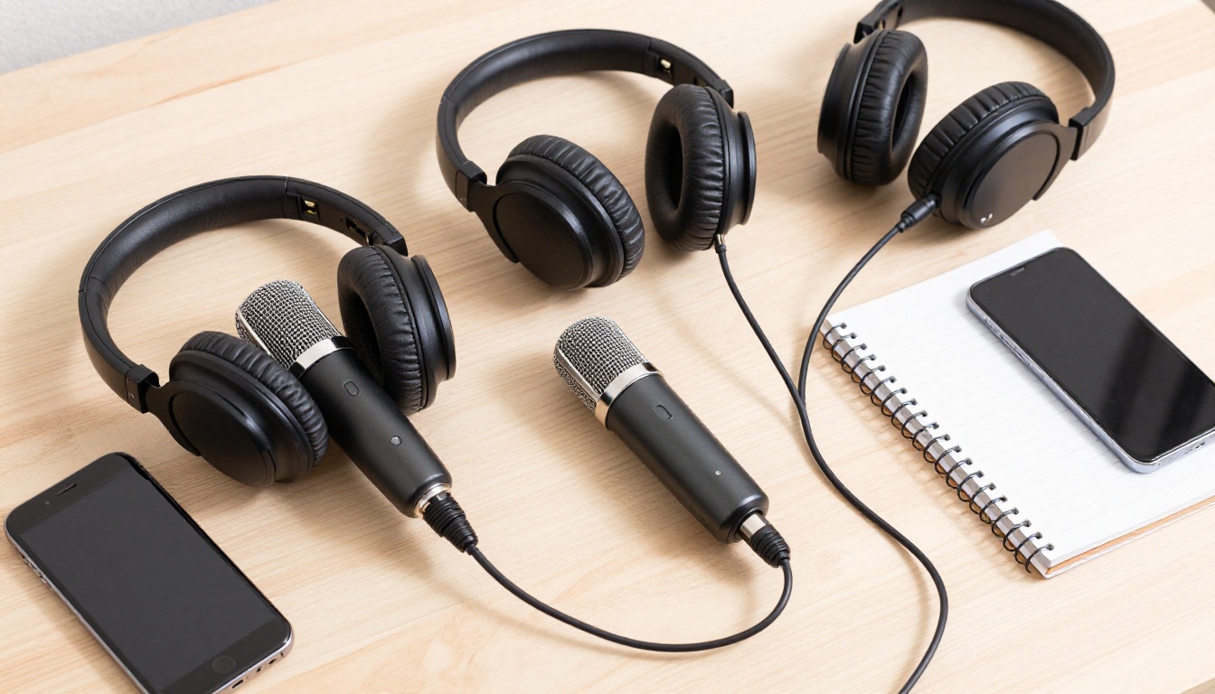 Overhead flat-lay of professional voice recording equipment on wood surface