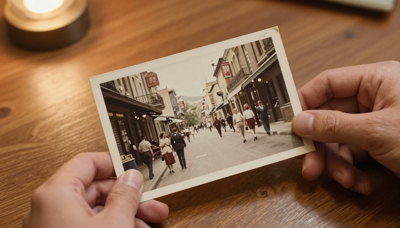 Vintage photograph being held with sharp restored 1960s street scene detail