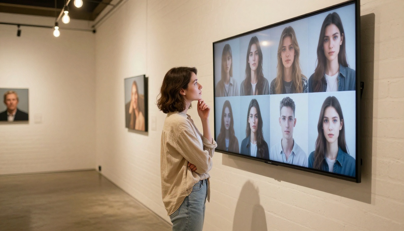 Woman standing in front of a large gallery wall displaying multiple AI-generated portrait artworks in a bright modern studio