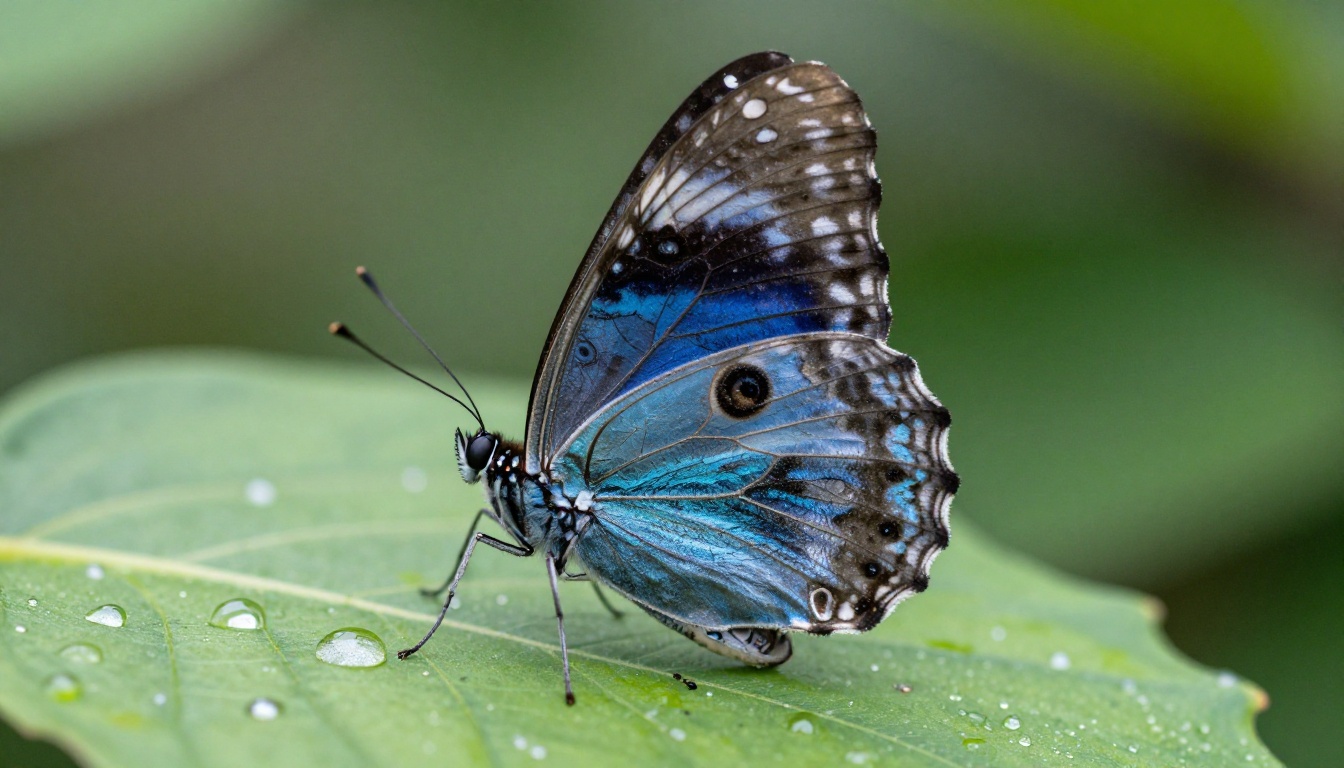 Butterfly wing macro showing intricate iridescent blue scales with extraordinary sharpness