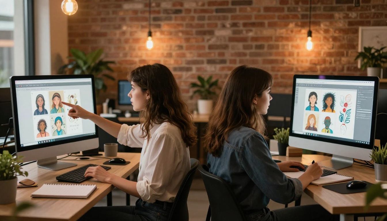 Two professional women comparing AI-generated artwork on dual monitors at a co-working space