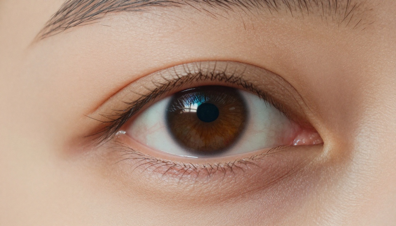 Extreme close-up macro shot of a woman's eye showing fine skin texture and a reflection of colorful AI artwork in the iris