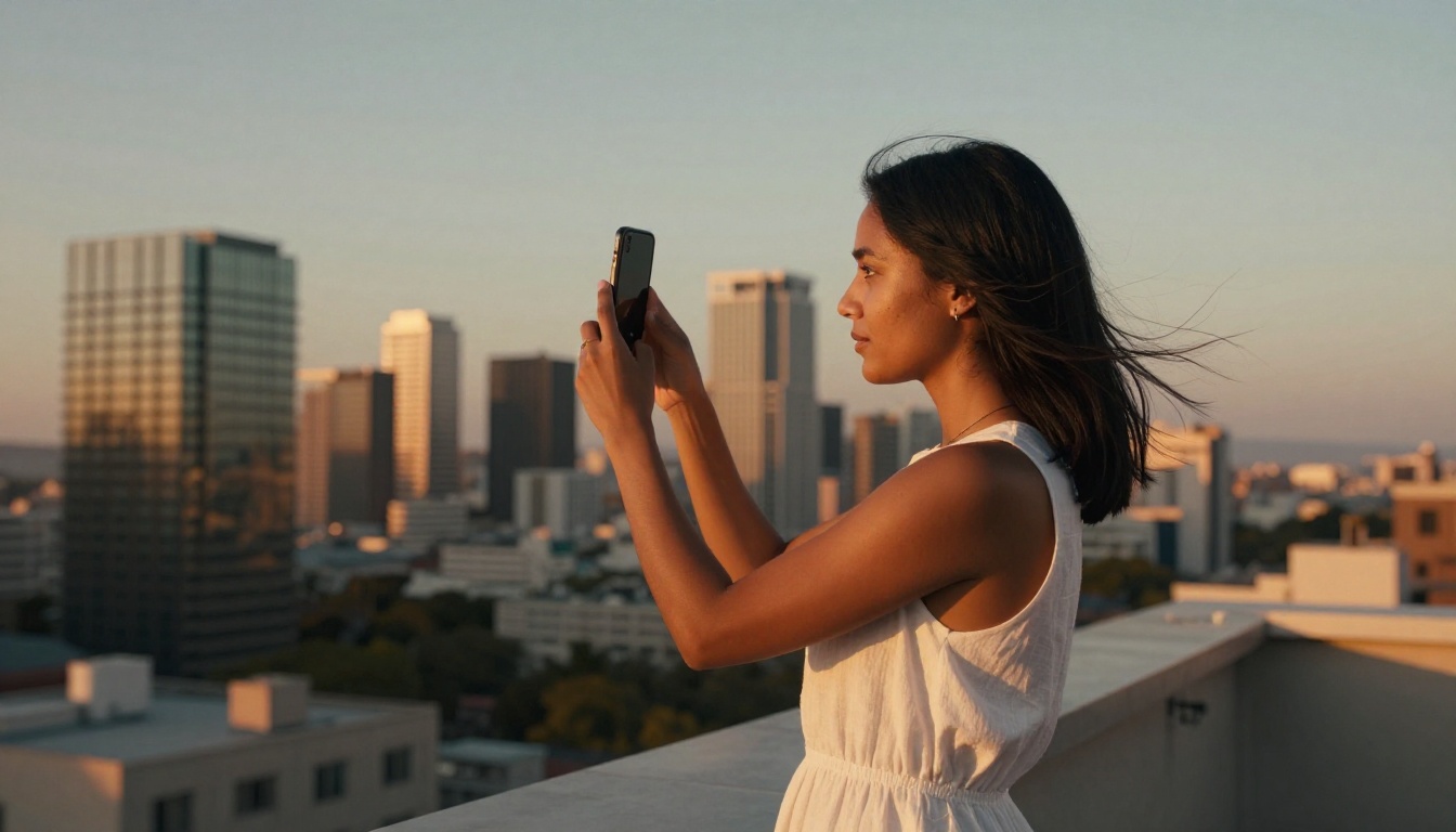 A woman with straight black hair and olive skin standing on a rooftop at golden hour holding a smartphone toward the city skyline