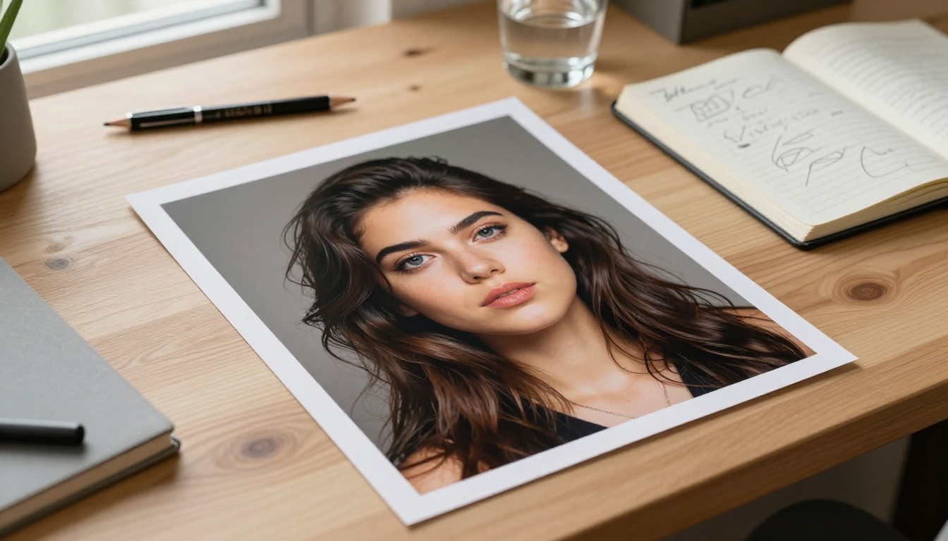 Printed watermark-free AI-generated photo lying on a wooden desk alongside a sketchpad and pencil