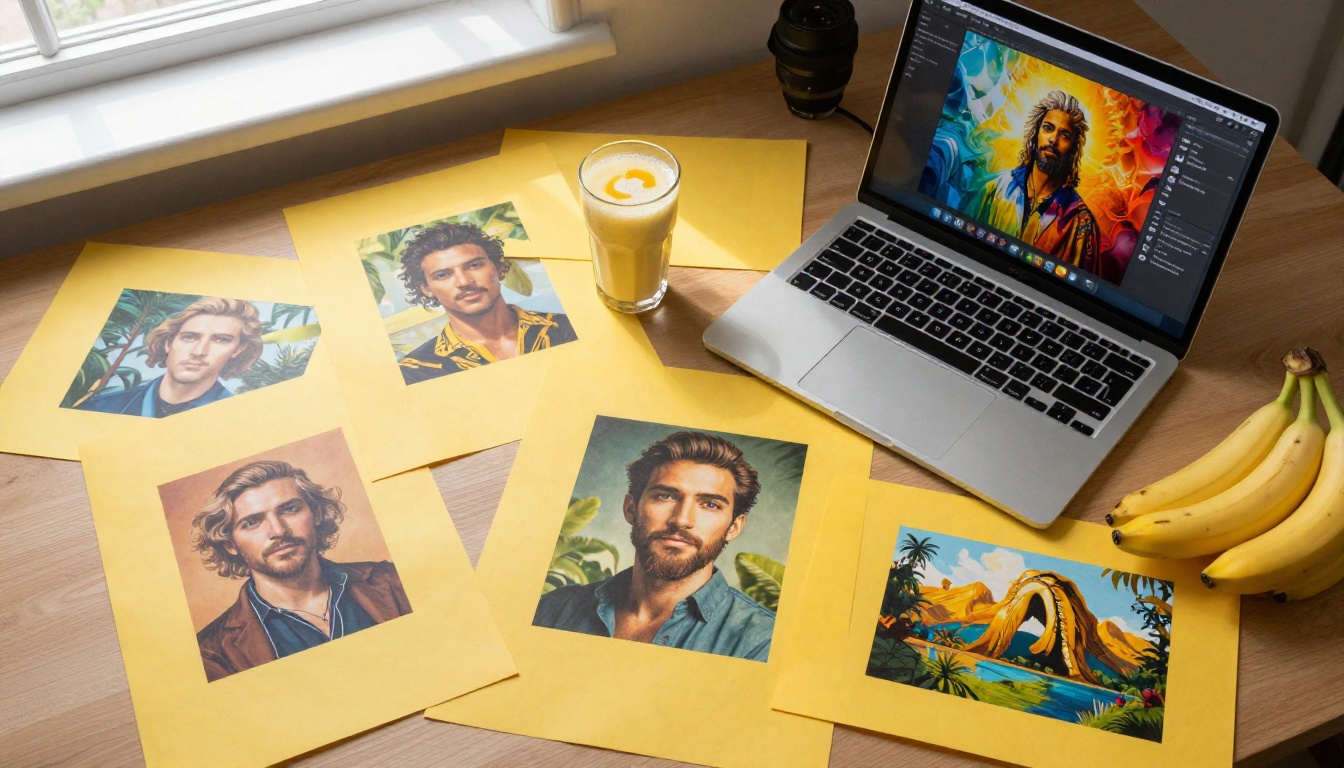 Aerial view of creative desk with AI image printouts and banana-yellow notes