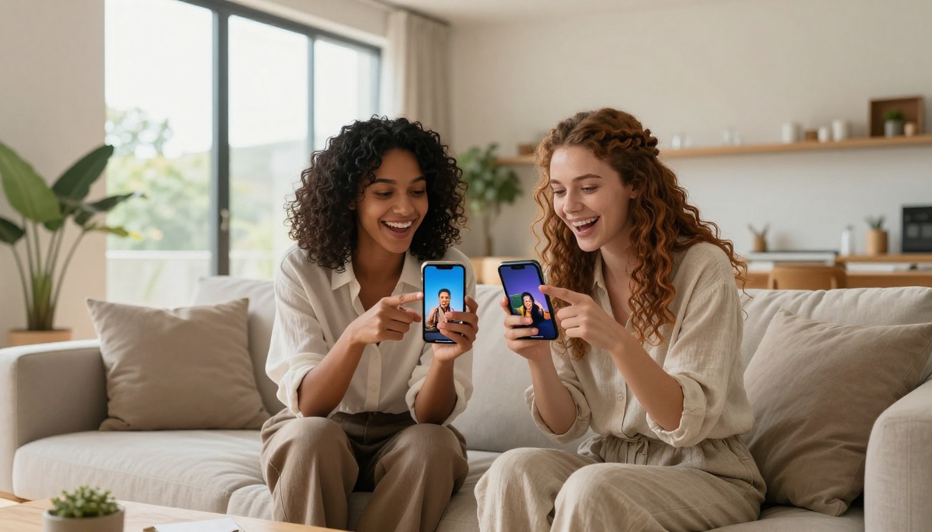 Two women sharing AI-generated images on their phones at home