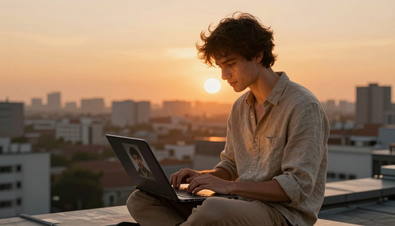 Man sitting on rooftop at golden hour with laptop showing AI-generated portraits