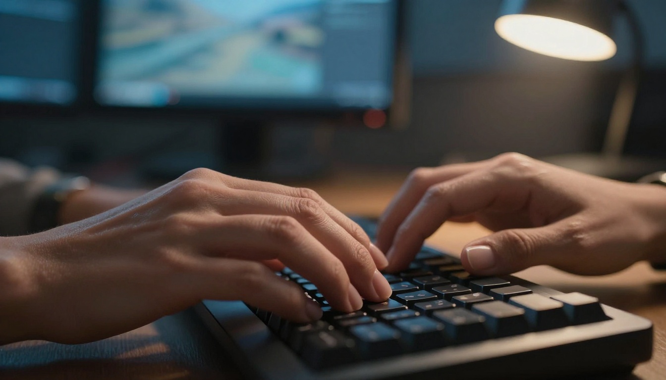 Close-up of hands typing on keyboard with AI image visible on monitor behind