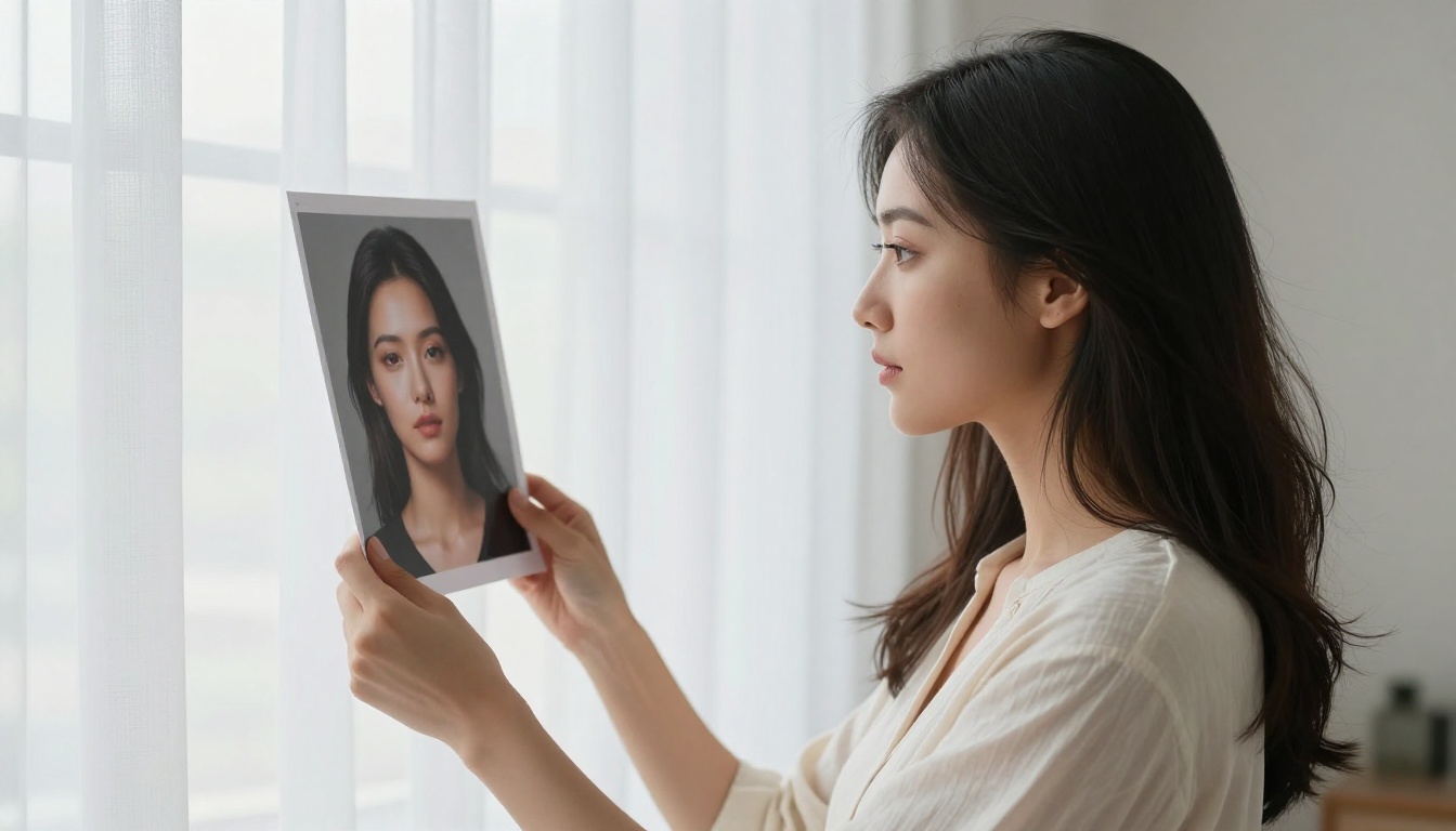 Woman examining a printed AI portrait photograph at a studio window Woman examining a printed AI portrait photograph at a studio window