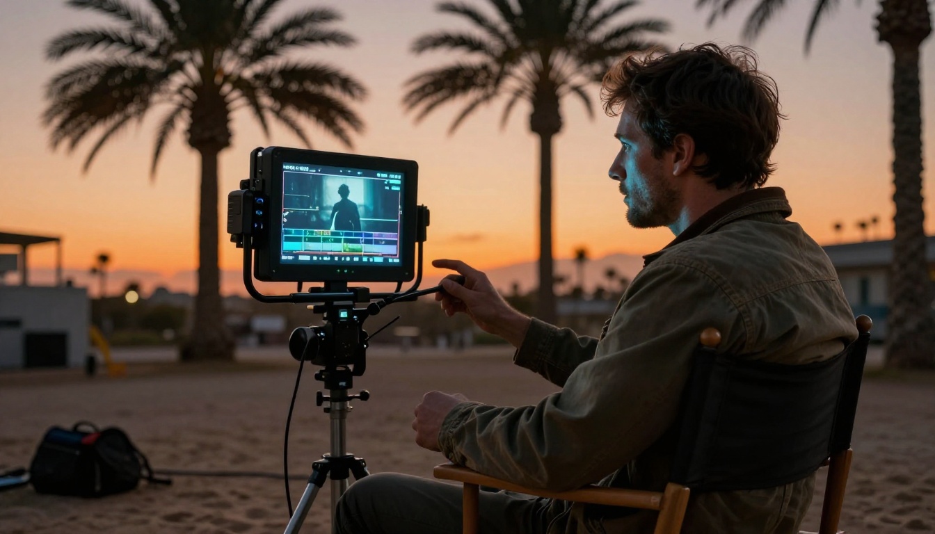 Director reviewing cinematic footage on set at dusk