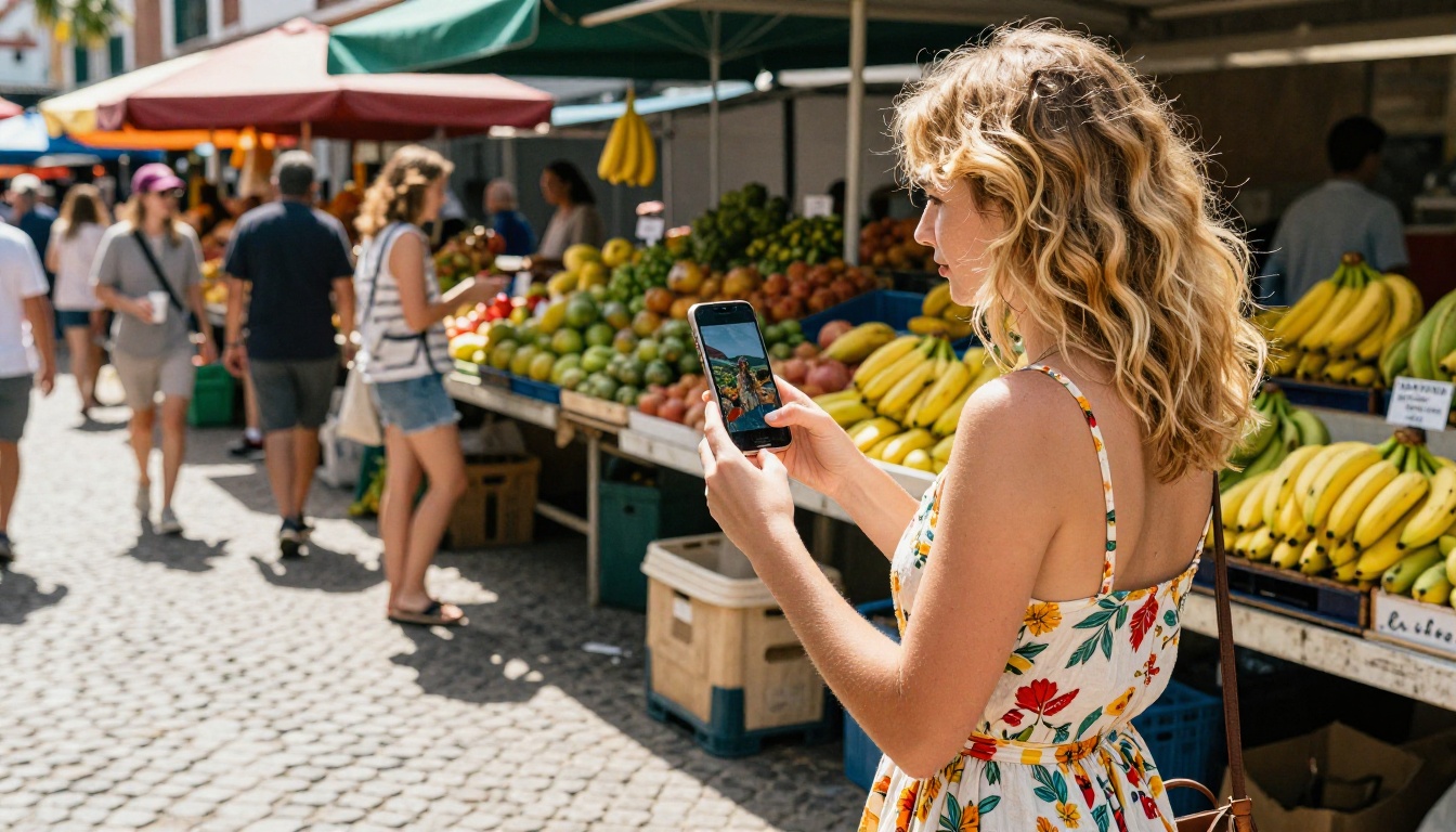 Young stylish woman at tropical fruit market showing AI image on her phone Young stylish woman at tropical fruit market showing AI image on her phone