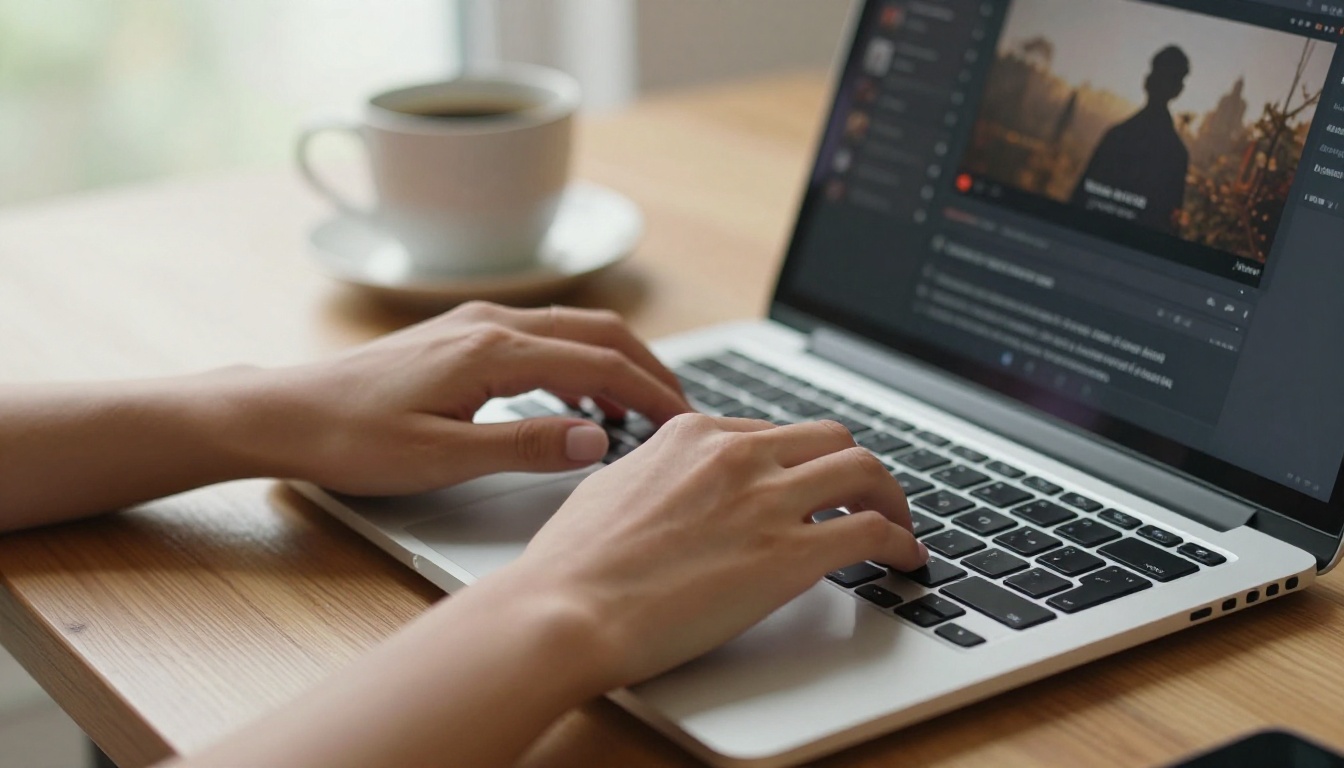 Woman's hands typing on laptop displaying video generation workflow