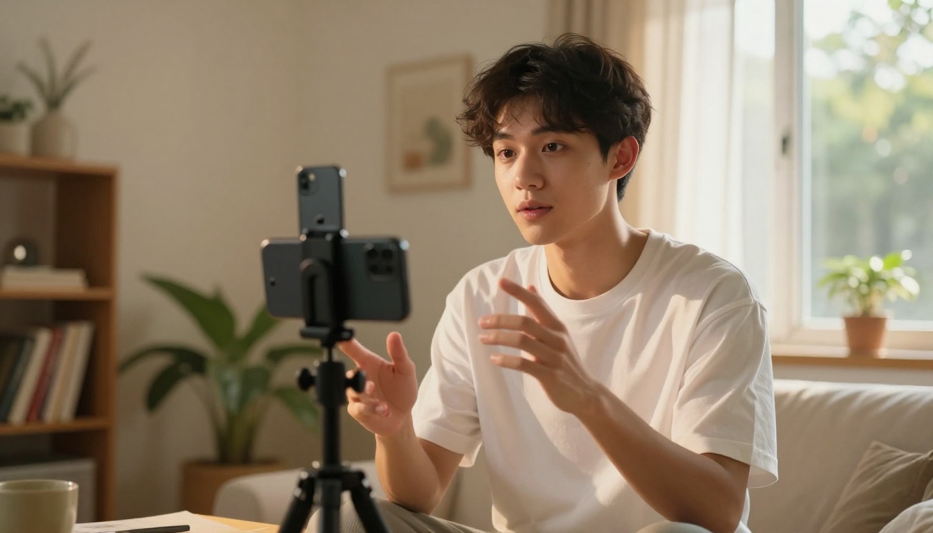 Creator recording a TikTok video in a bright apartment