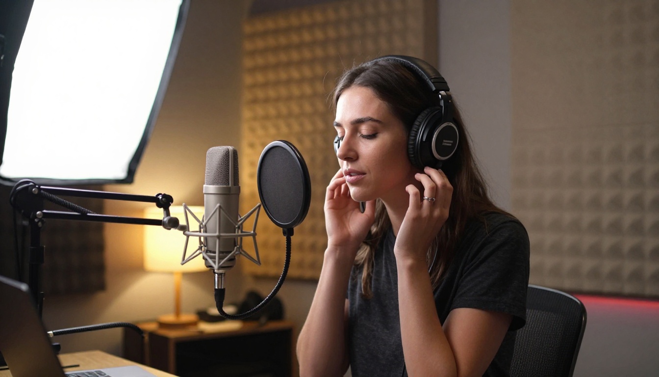 Young woman recording a voiceover in a home studio with microphone and headphones