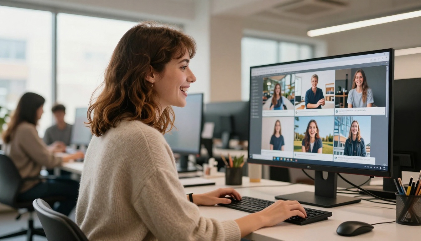 Woman smiling at large monitor in modern coworking space with AI images displayed Woman smiling at large monitor in modern coworking space with AI images displayed
