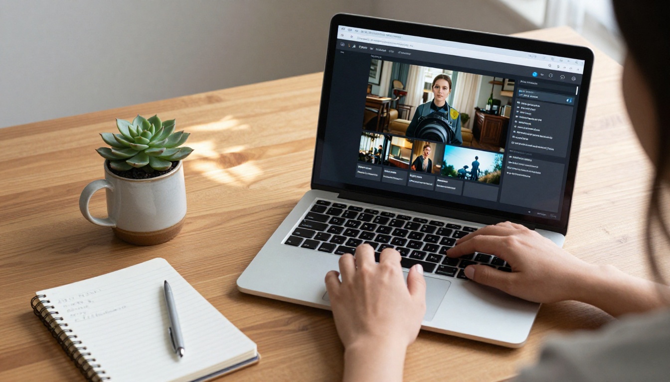 Close-up of hands typing an AI video prompt on a laptop keyboard with a coffee mug nearby Close-up of hands typing an AI video prompt on a laptop keyboard with a coffee mug nearby