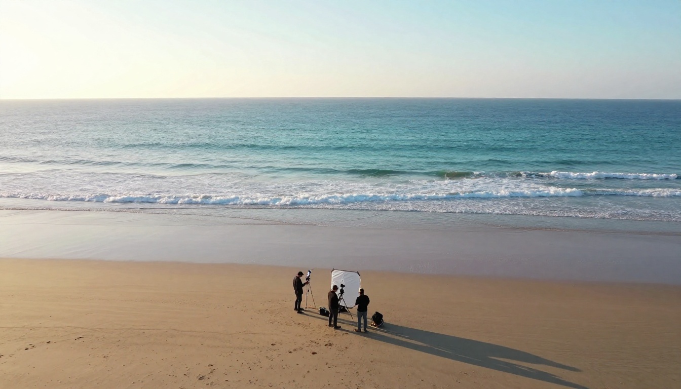 Aerial view of film crew setting up on beach at golden hour