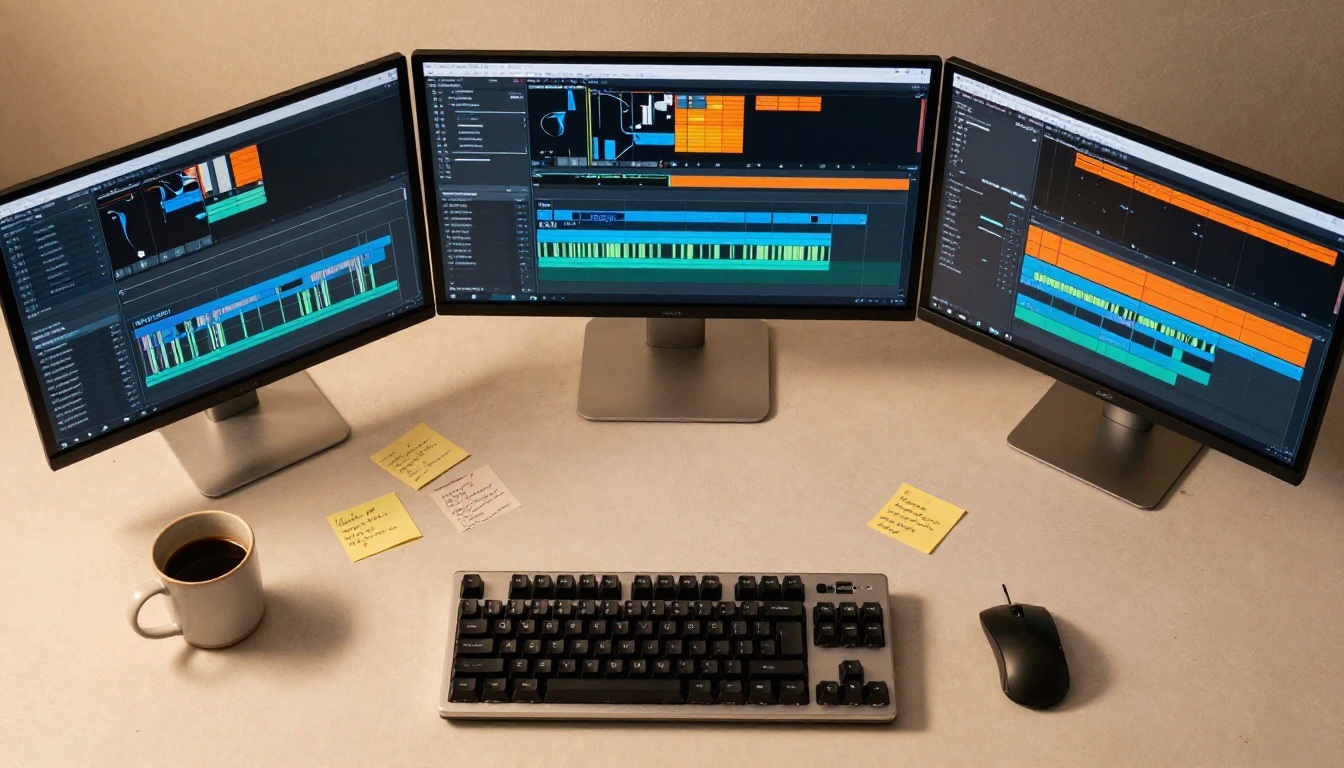 Aerial view of a professional video editing workstation with multiple monitors