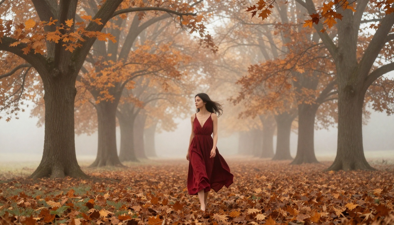 Woman in flowing red dress walking through misty autumn forest