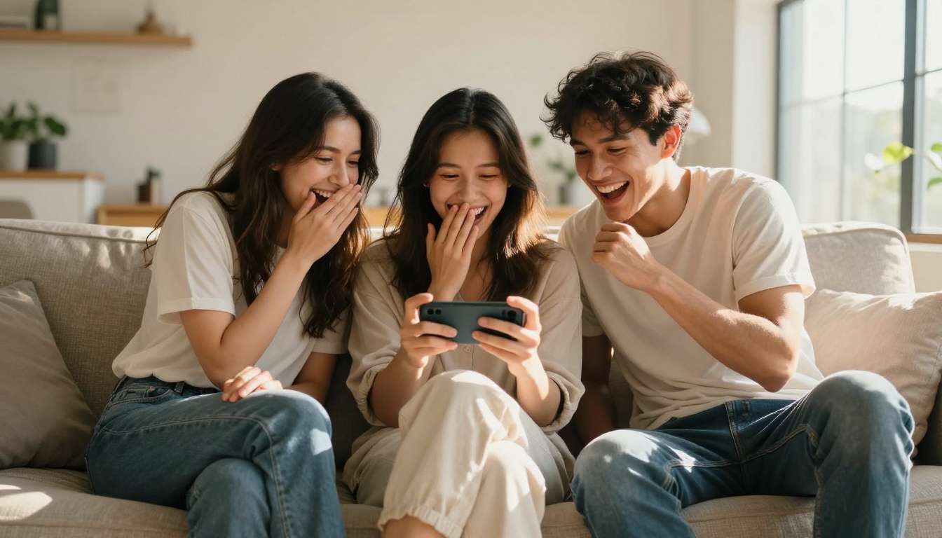 Three friends laughing and reacting to a video on a smartphone