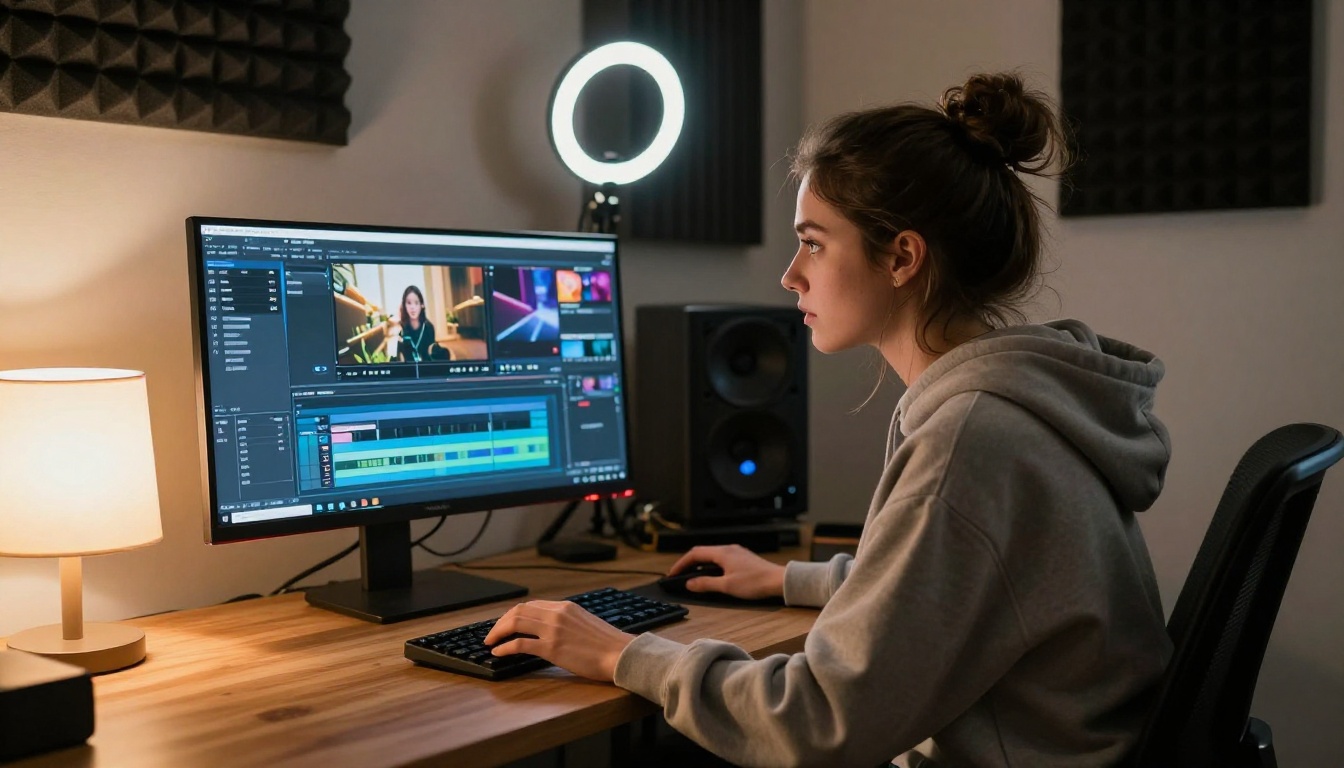 Young woman content creator at a home studio desk with dual monitors and editing software