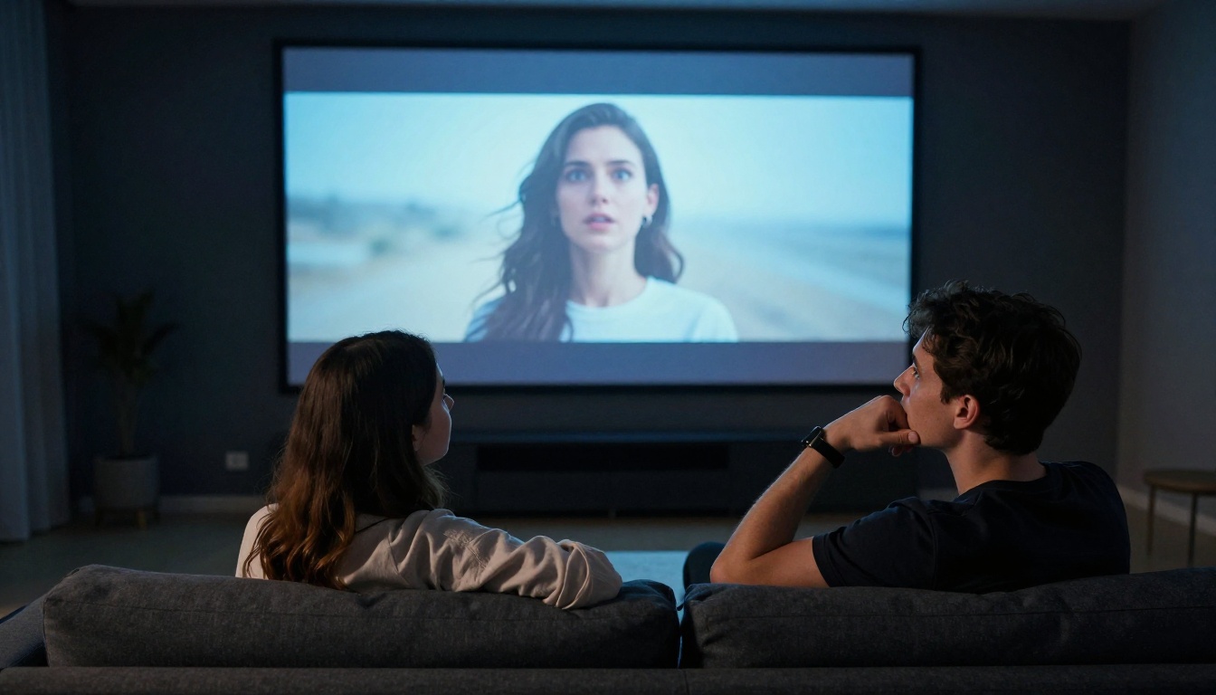 Two people watching cinematic AI video on large wall-mounted screen