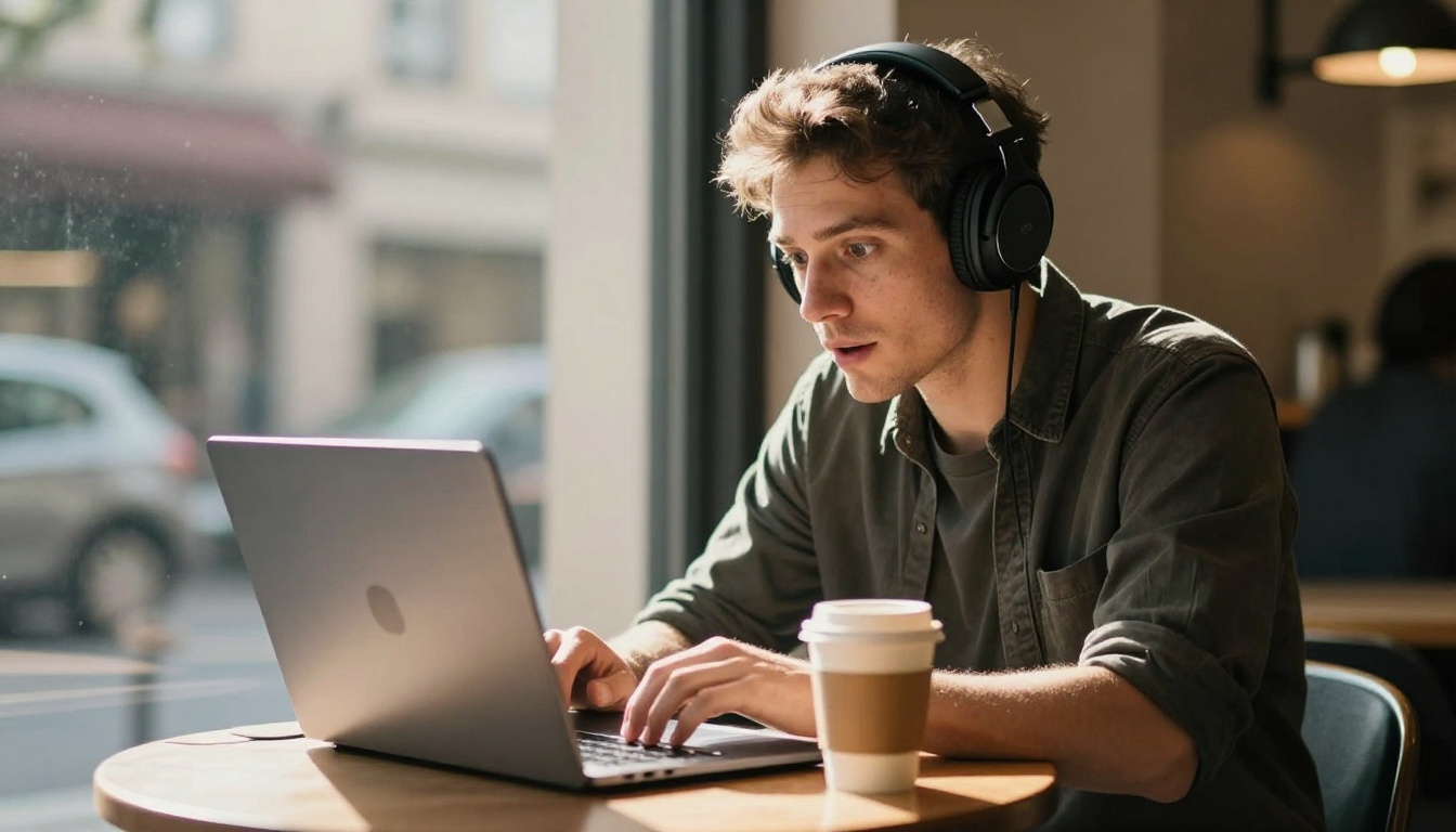 Content creator watching AI-generated video with headphones at a cafe