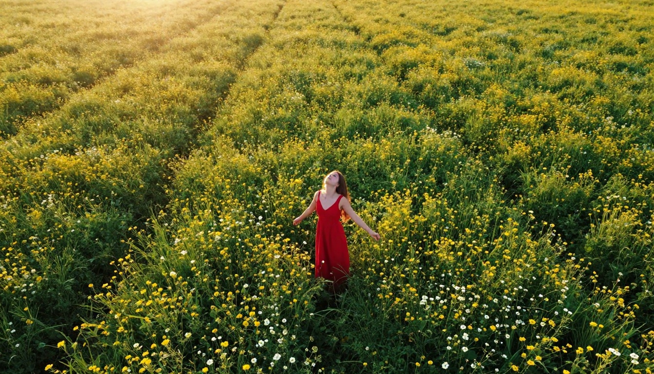 Aerial view of a woman in a red sundress standing in a vast wildflower field at golden hour Aerial view of a woman in a red sundress standing in a vast wildflower field at golden hour