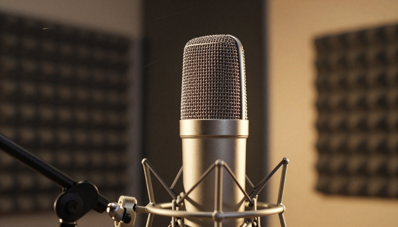 Professional large-diaphragm condenser microphone in a recording studio
