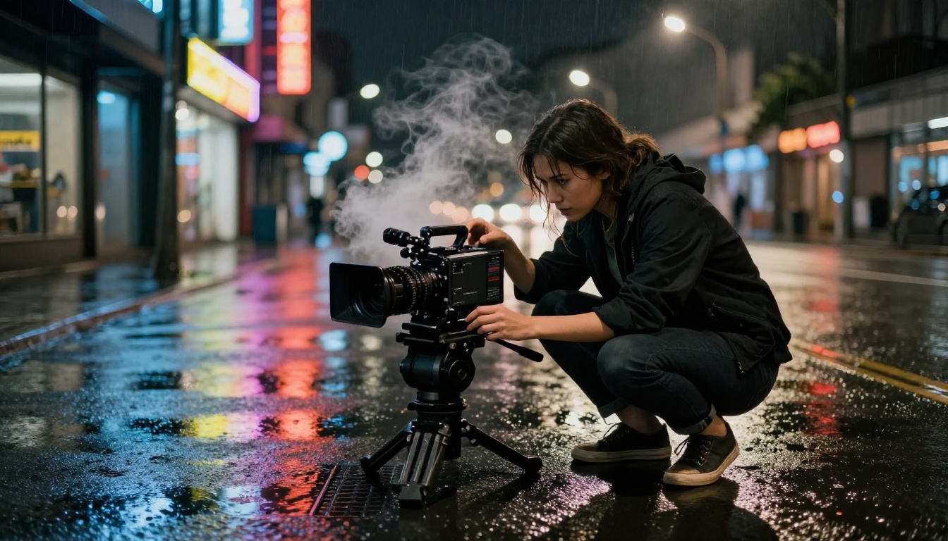 Female filmmaker adjusting camera on rain-slicked city street at night