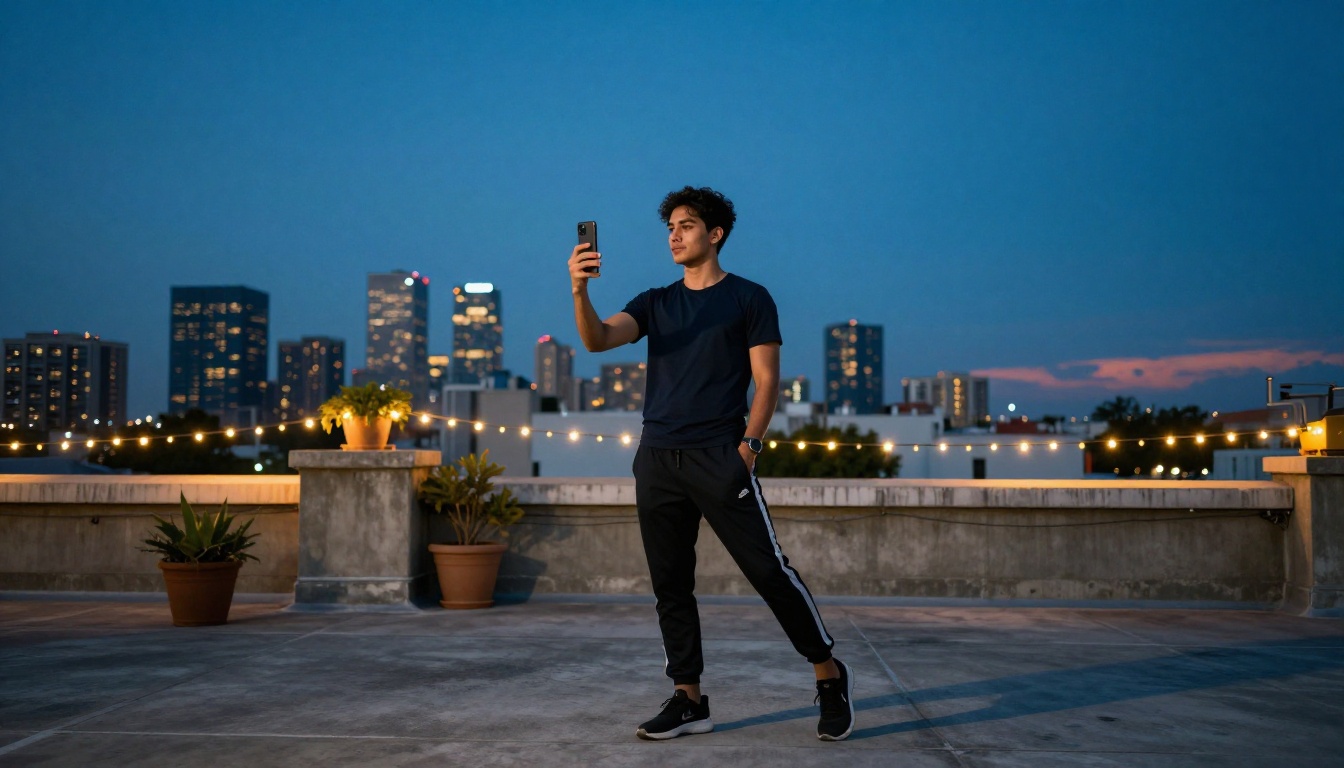 Young man recording a TikTok video on a rooftop at blue hour with city lights behind him Young man recording a TikTok video on a rooftop at blue hour with city lights behind him