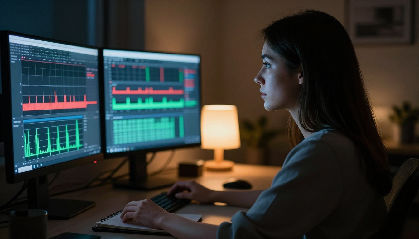 Female content creator working at night with audio waveform displays on dual monitors Female content creator working at night with audio waveform displays on dual monitors