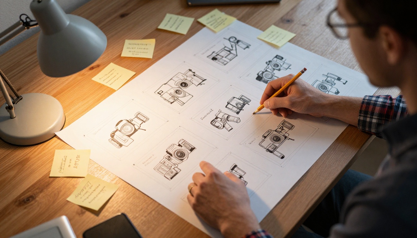 Creative director reviewing storyboard frames with warm desk light