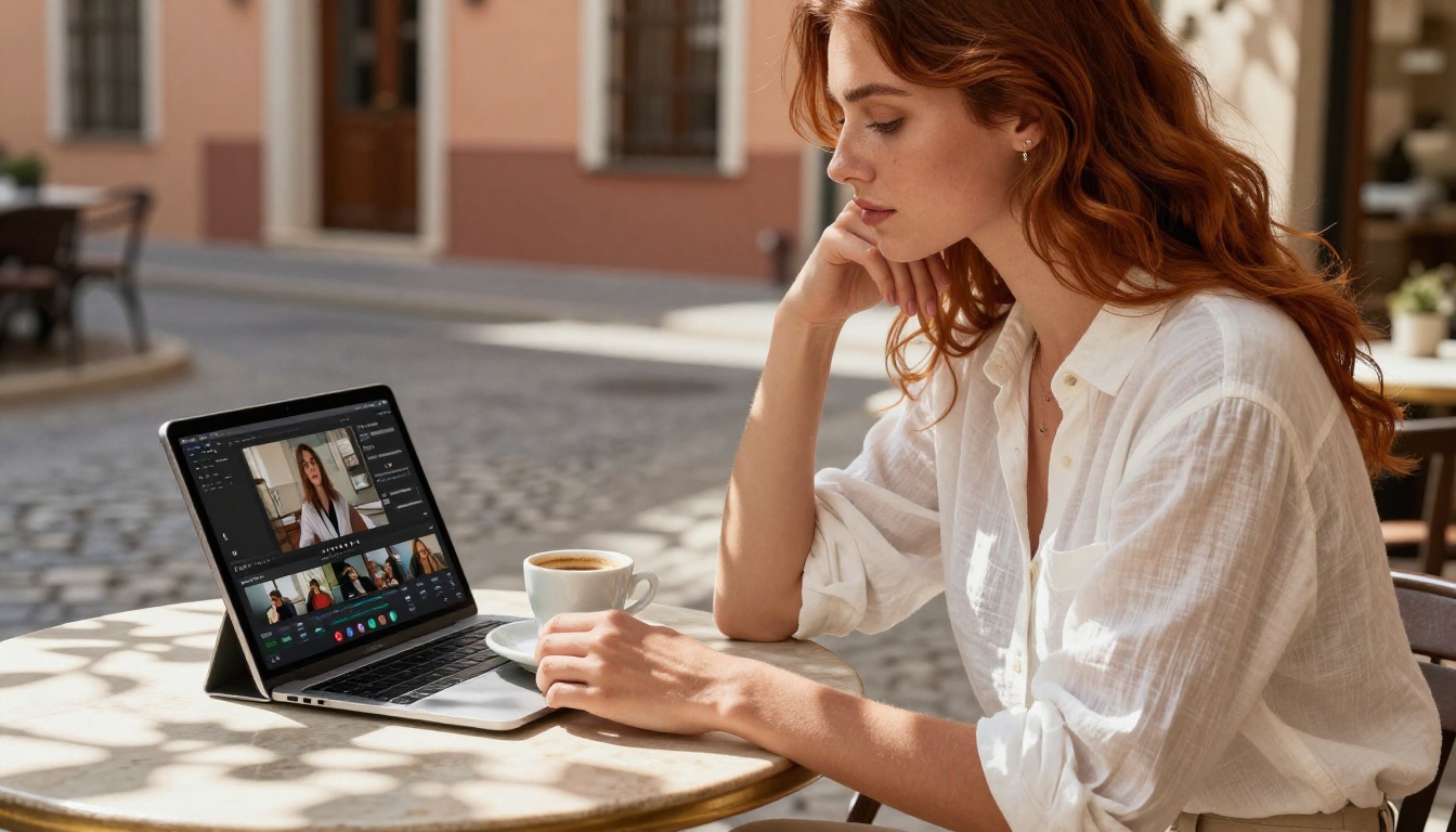 Beautiful woman at an outdoor Mediterranean cafe looking at a tablet with video previews
