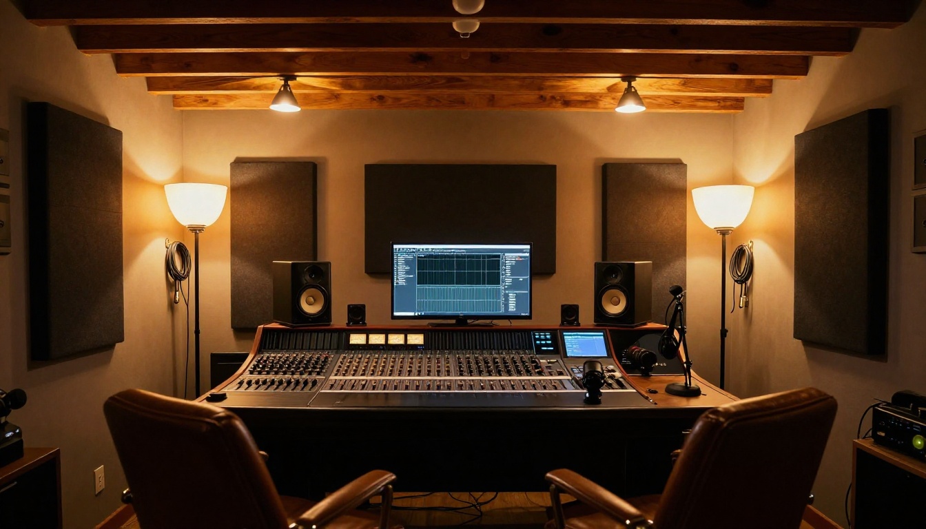 Wide shot of a professional podcast and video production room with warm lighting Wide shot of a professional podcast and video production room with warm lighting