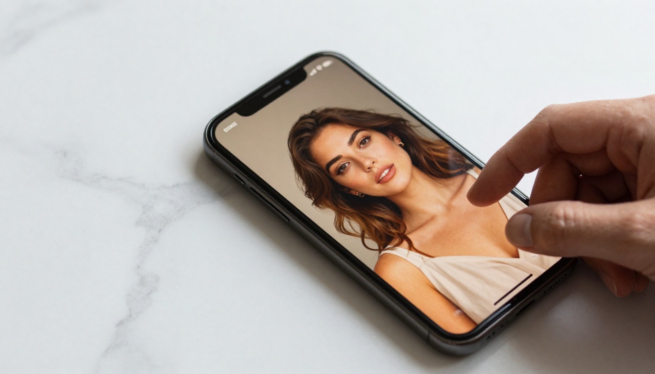 Two smartphones showing original photo versus AI-transformed version side by side on marble surface