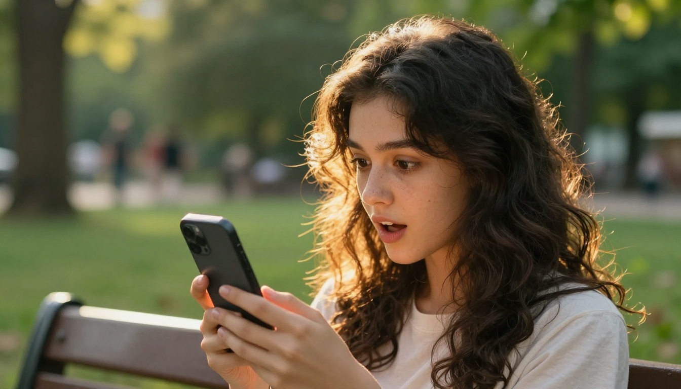 Young woman looking amazed at her phone showing an AI-generated portrait outdoors in golden hour light