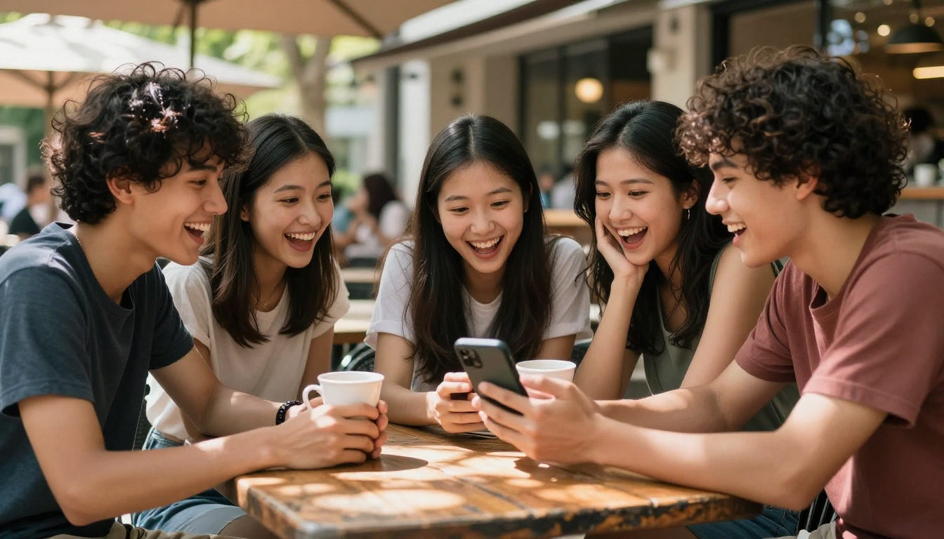 Three friends laughing together at an outdoor cafe looking at AI art transformations on a phone