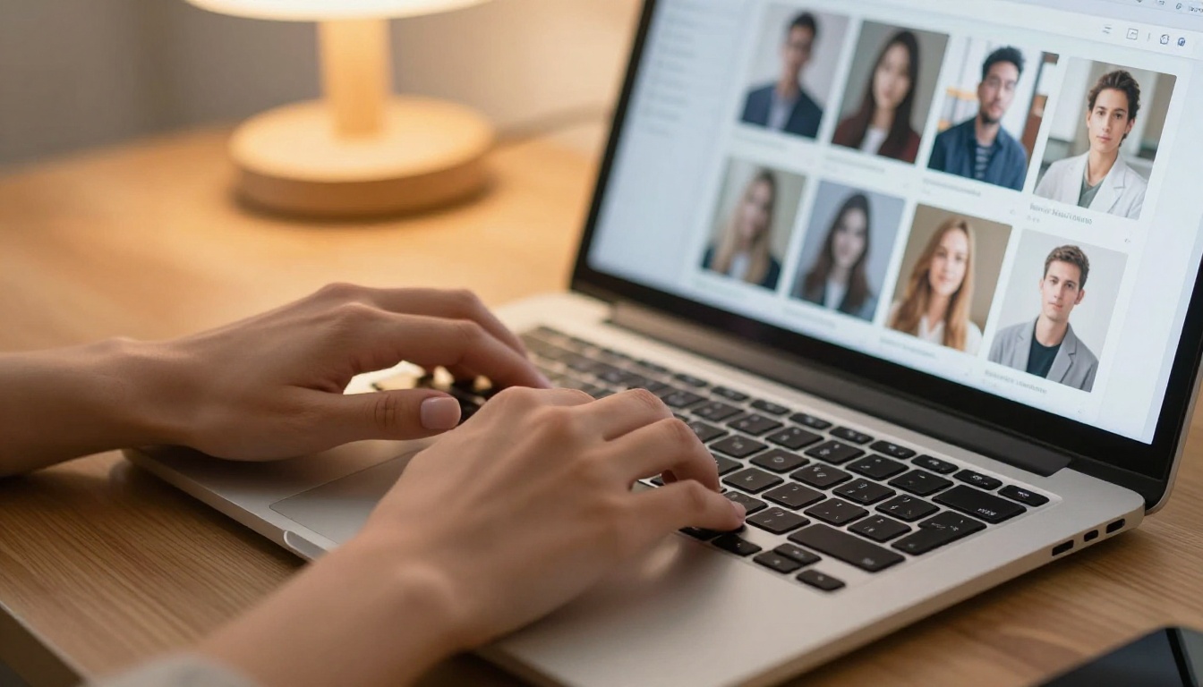 Close-up of hands typing on laptop showing AI image generation interface with multiple portrait thumbnails