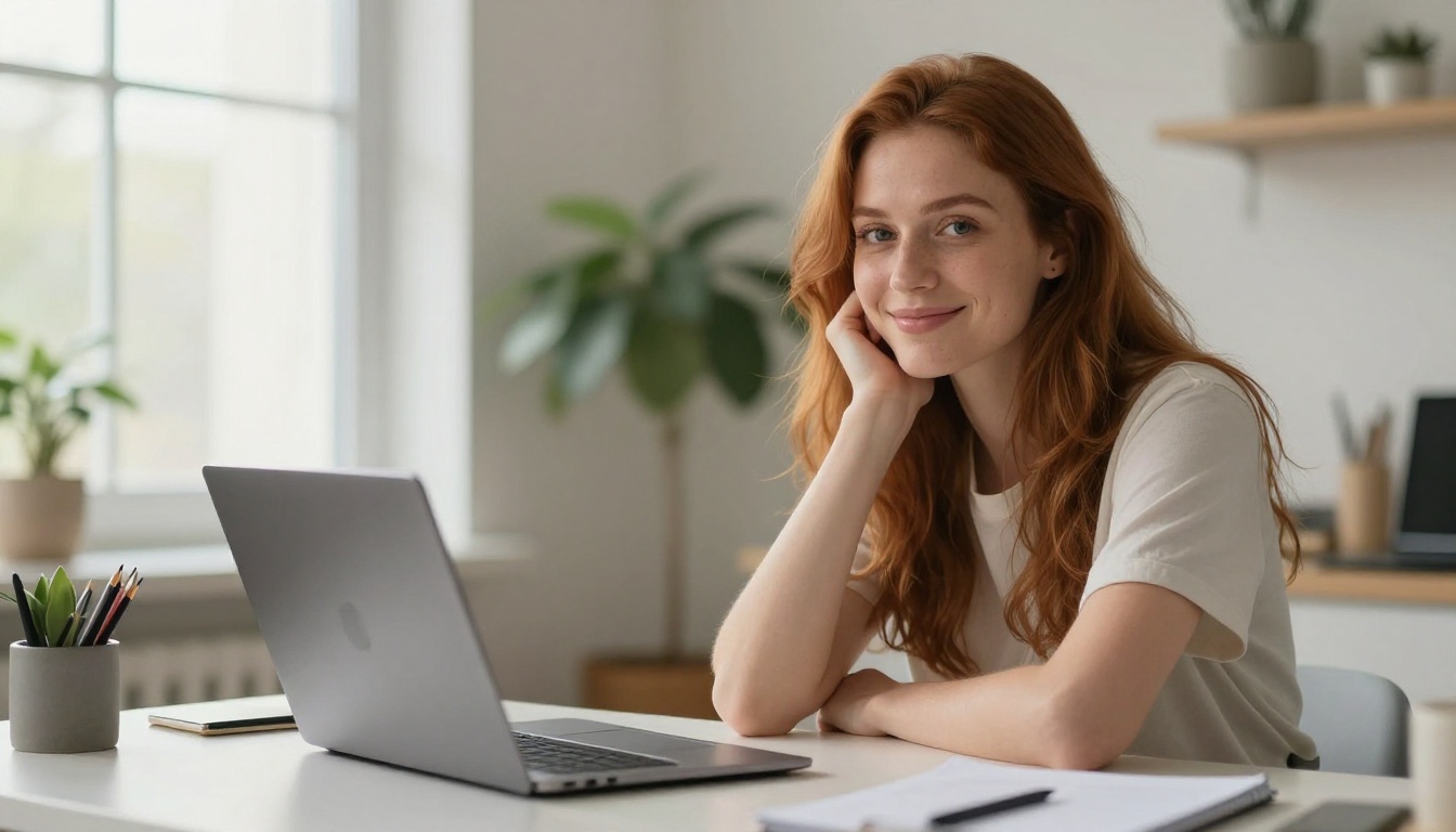 Attractive woman at home office desk smiling with laptop showing AI-generated portraits beside her