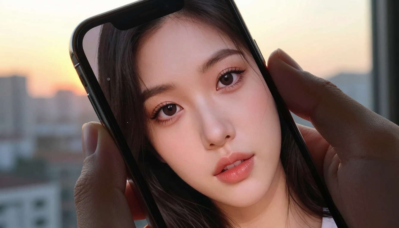 Close-up of smartphone screen showing beautifully rendered AI-generated portrait with city bokeh background Close-up of smartphone screen showing beautifully rendered AI-generated portrait with city bokeh background