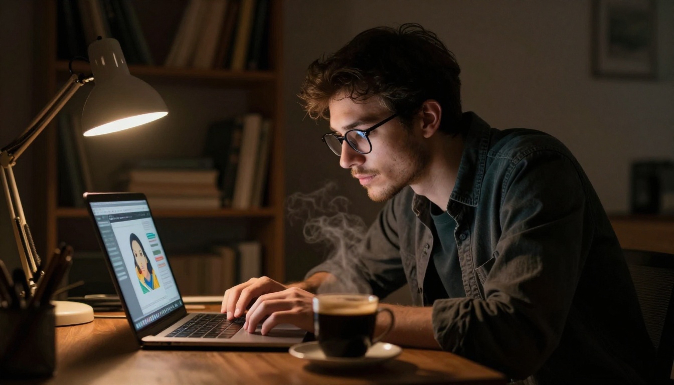 Young man with glasses working on laptop at night with warm desk lamp creating AI art Young man with glasses working on laptop at night with warm desk lamp creating AI art