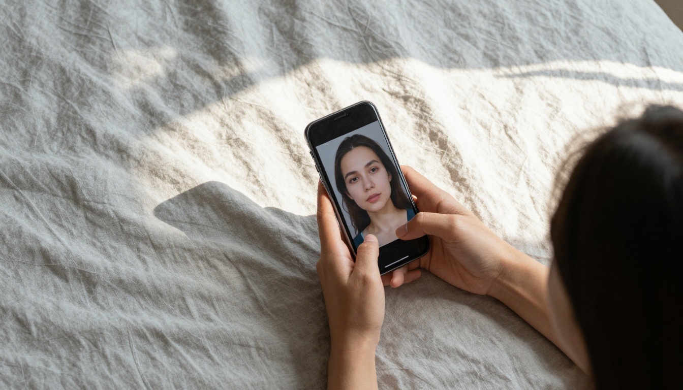 Woman lying on bed holding phone above face looking at AI-generated self-portraits, natural morning light Woman lying on bed holding phone above face looking at AI-generated self-portraits, natural morning light